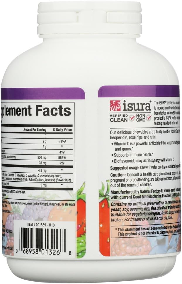 Natural Factors Kids Chewable Vitamin C 500 mg - Blueberry, Raspberry &amp; Boysenberry, 90 Wafers