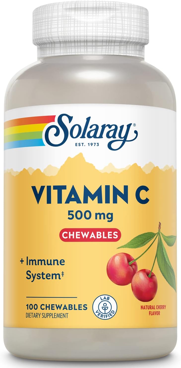 SOLARAY Chewable Vitamin C with Rose Hips and Acerola Cherry - Buffered Vitamin C for Gentle Digestion - 100 Chewables