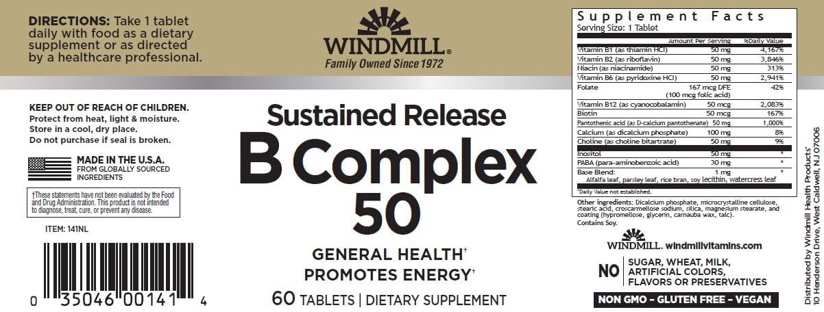 Windmill B-Complex Sustained Release Tablets – 60 Tablets