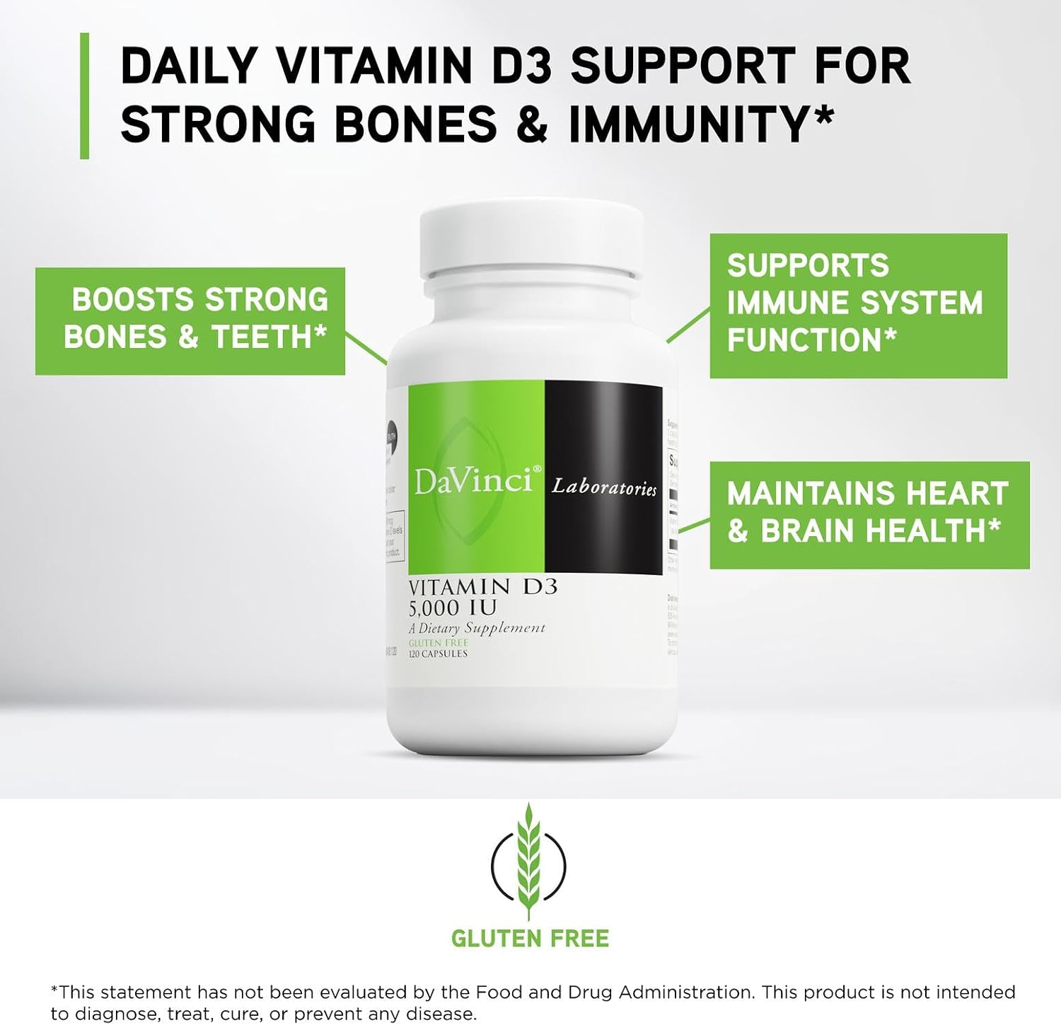 DAVINCI Labs Vitamin D3 5000 IU - Supplement for Bone, Heart, and Immune Health - 120 Capsules