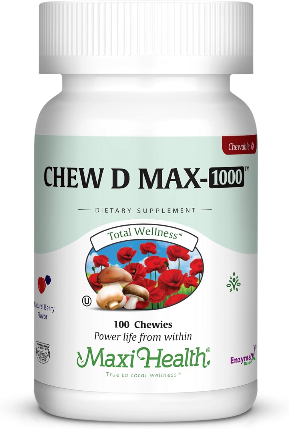 Maxi Health Chew-D-Max Vitamin D3 1000 IU - Chewable for Kids and Adults - Natural Berry Flavour - 100 Chewables