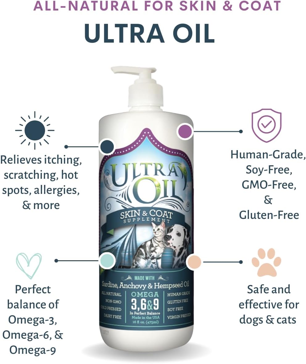 Ultra Oil Skin and Coat Supplement for Dogs and Cats – Hemp Seed, Flaxseed, Grape Seed & Fish Oils
