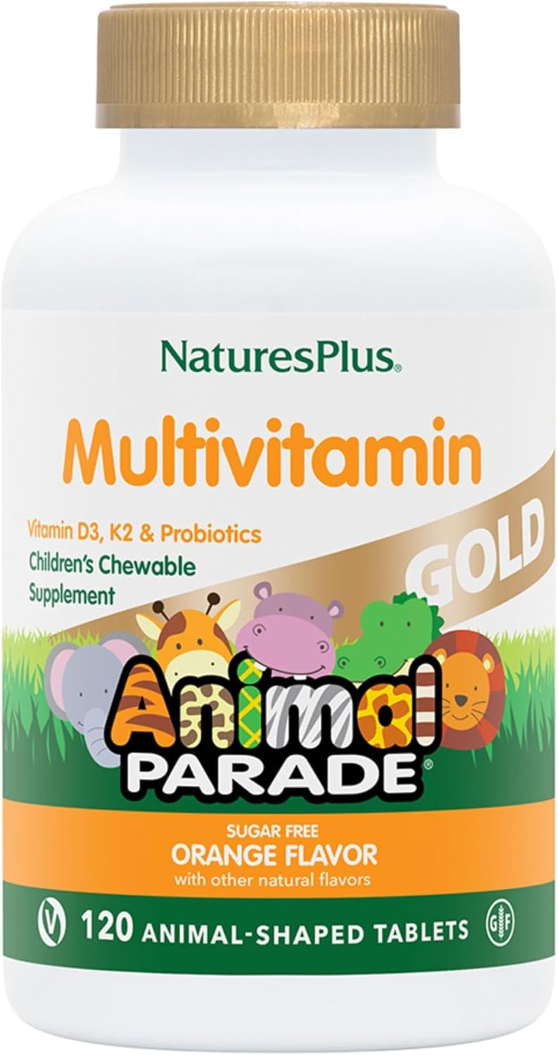 NaturesPlus Animal Parade Gold Multivitamin Children's Chewables - Watermelon - 120 Animal-Shaped Tablets - Vitamin D3, K2 & Probiotics