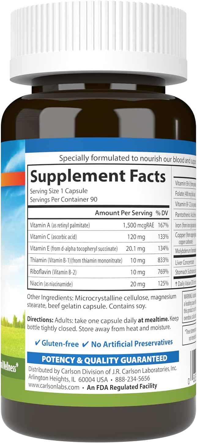 Carlson Blood Nutrients – 28 mg Iron for Blood Health, 90 Capsules