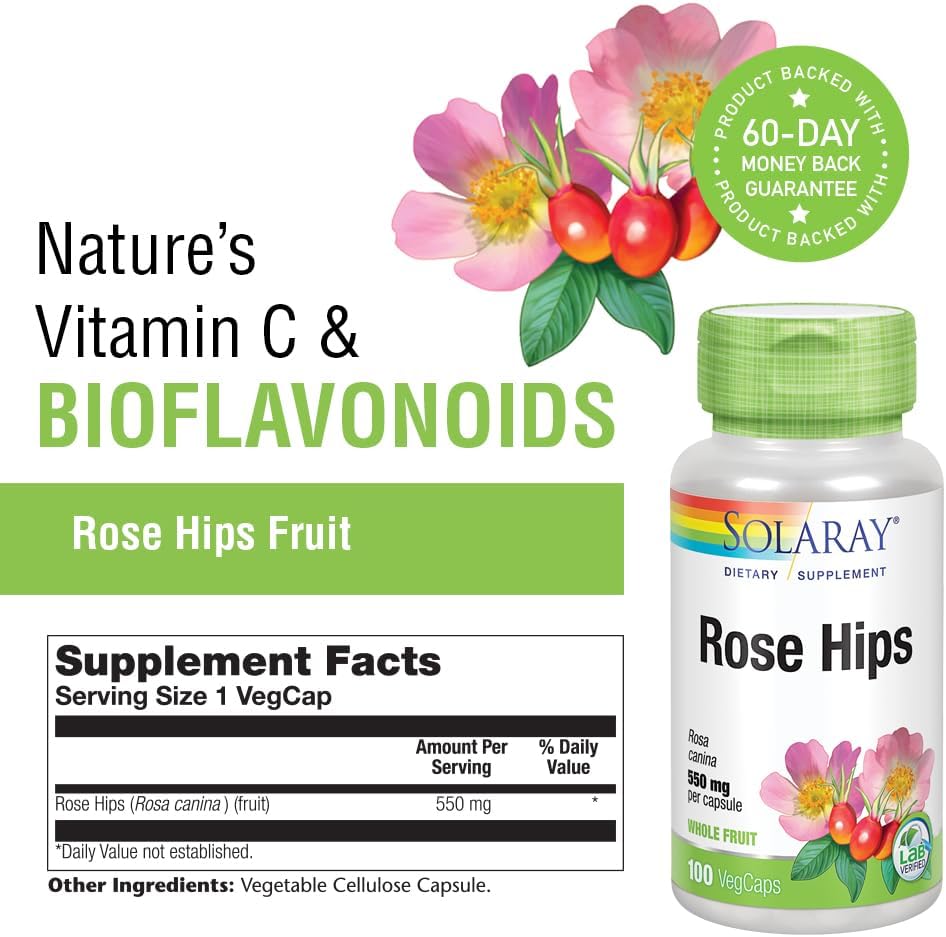Solaray Rose Hips 550 mg – Natural Rose Hips Capsules, a Source of Vitamin C, Antioxidants, and Bioflavonoids – 100 Vegan Capsules