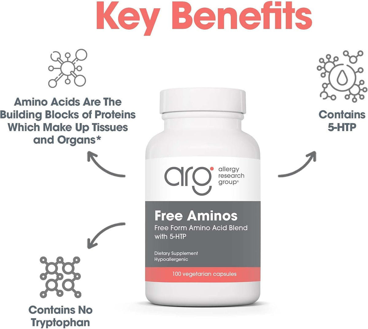 ARG Free Aminos - Free-Form Amino Acid Complex with 5-HTP - Essential Amino Acids for Muscle and Neurological Support - 100 Vegetarian Capsules - görsel 5