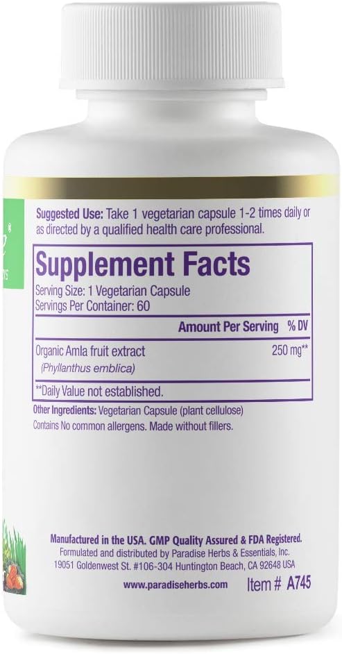 Paradise Herbs Amla, 250 mg Organic Whole Spectrum Vitamin C, Antioxidant, Superfood, Ayurvedic Supplement, 60 Vegetarian Capsules