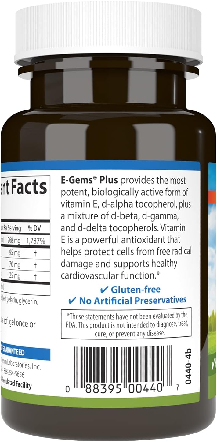 Carlson E-Gems Plus Natural Vitamin E, 400 IU, 50 Softgels