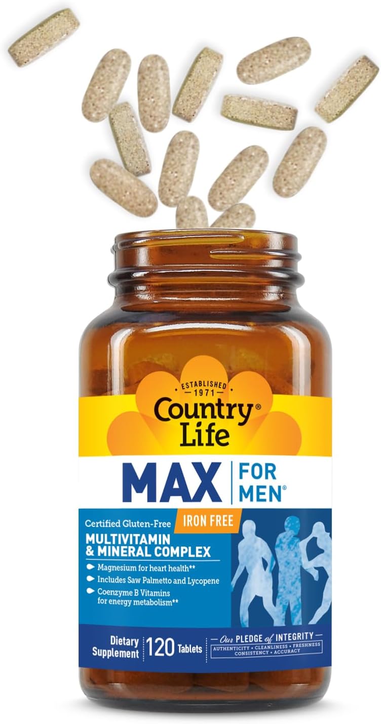 Country Life Max for Men Multivitamin - Iron-Free, Gluten-Free, with Saw Palmetto & Lycopene, 120 Vegetarian Tablets