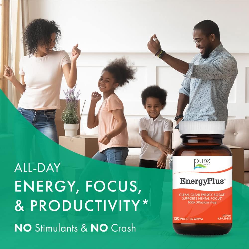 Energy Plus by Pure Essence - Caffeine-Free Herbal Energy and Focus Supplement, 60 Tablets