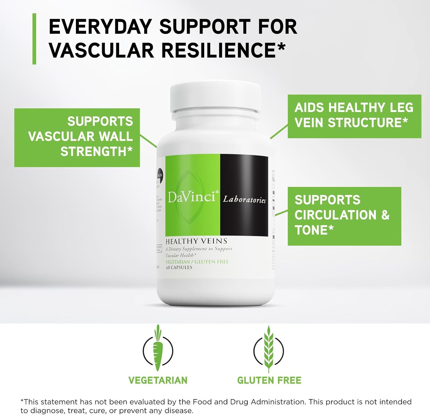 DAVINCI Labs Healthy Veins - Natural Health Product to Support Vascular Health and Proper Structure of Leg Veins* - with Vitamin C, Diosmin, and More - Gluten-Free - 60 Vegetable Capsules