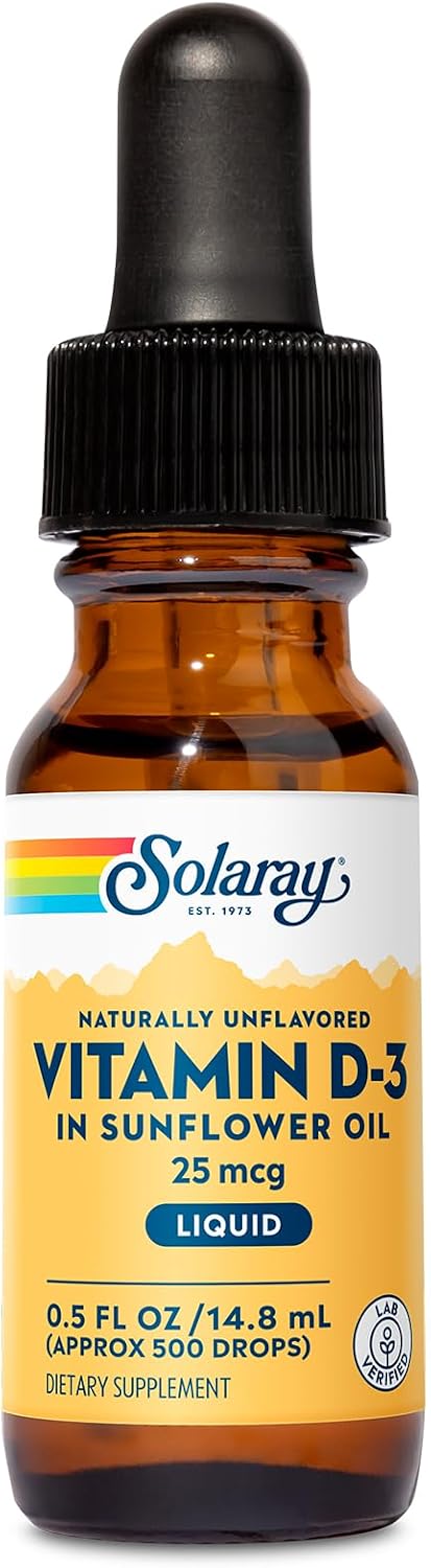SOLARAY Vitamin D3 Liquid Drops - 25 mcg (1000 IU) - Enhanced Absorption, Naturally Unflavoured, 500 Servings, 15 mL