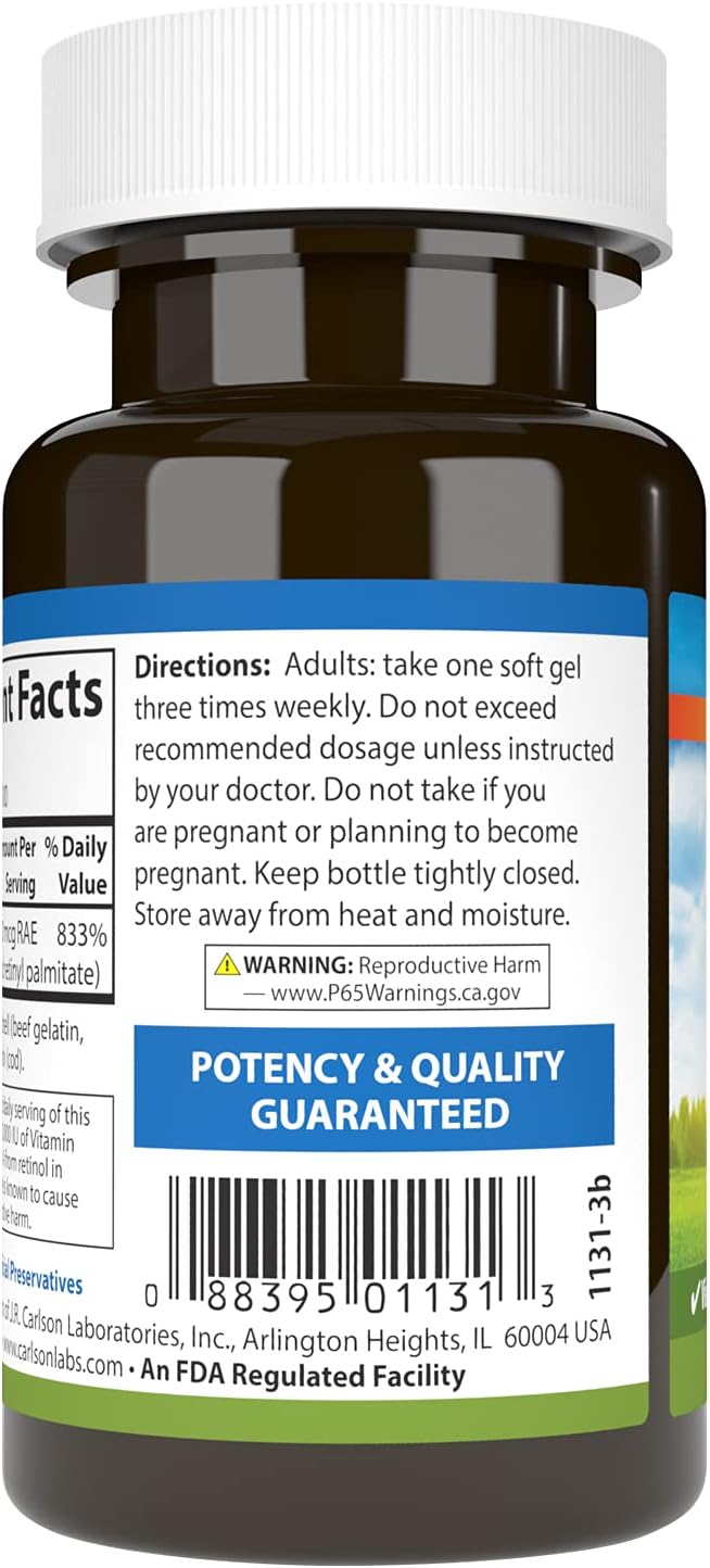 Carlson Vitamin A, 25,000 IU (7,500 mcg RAE), Vision & Skin Health, Immune Support, 100 Soft Gels