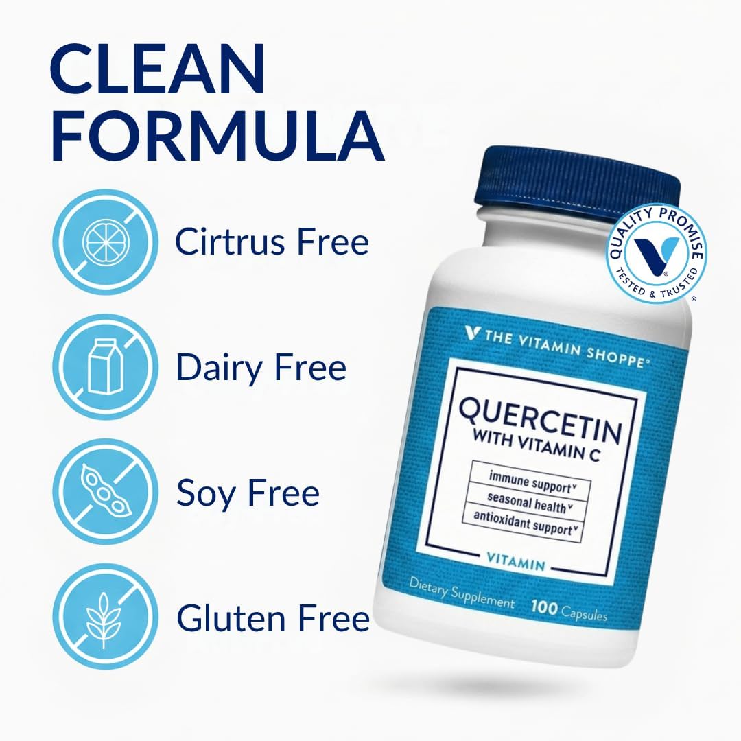 The Vitamin Shoppe Quercetin + C – Citrus-Free – 1400mg Vitamin C & 500mg Quercetin – Immune Support – 100 Capsules
