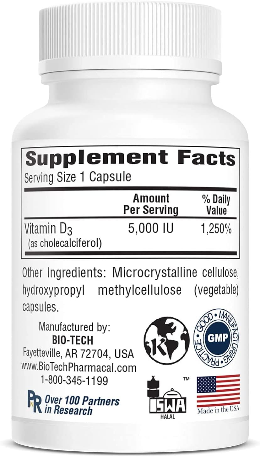 Bio-Tech Pharmacal D3-5 (5000 IU), 250 Vegetable Capsules – All-Natural Supplement – Supports Bone & Immune Health – No Dairy, Fish, Gluten, Peanut, Shellfish, & Soy - görsel 3