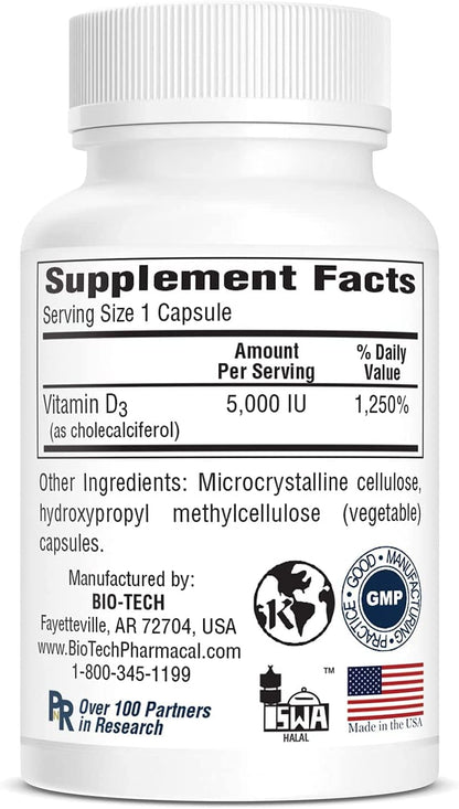 Bio-Tech Pharmacal D3-5 (5000 IU), 250 Vegetable Capsules – All-Natural Supplement – Supports Bone & Immune Health – No Dairy, Fish, Gluten, Peanut, Shellfish, & Soy