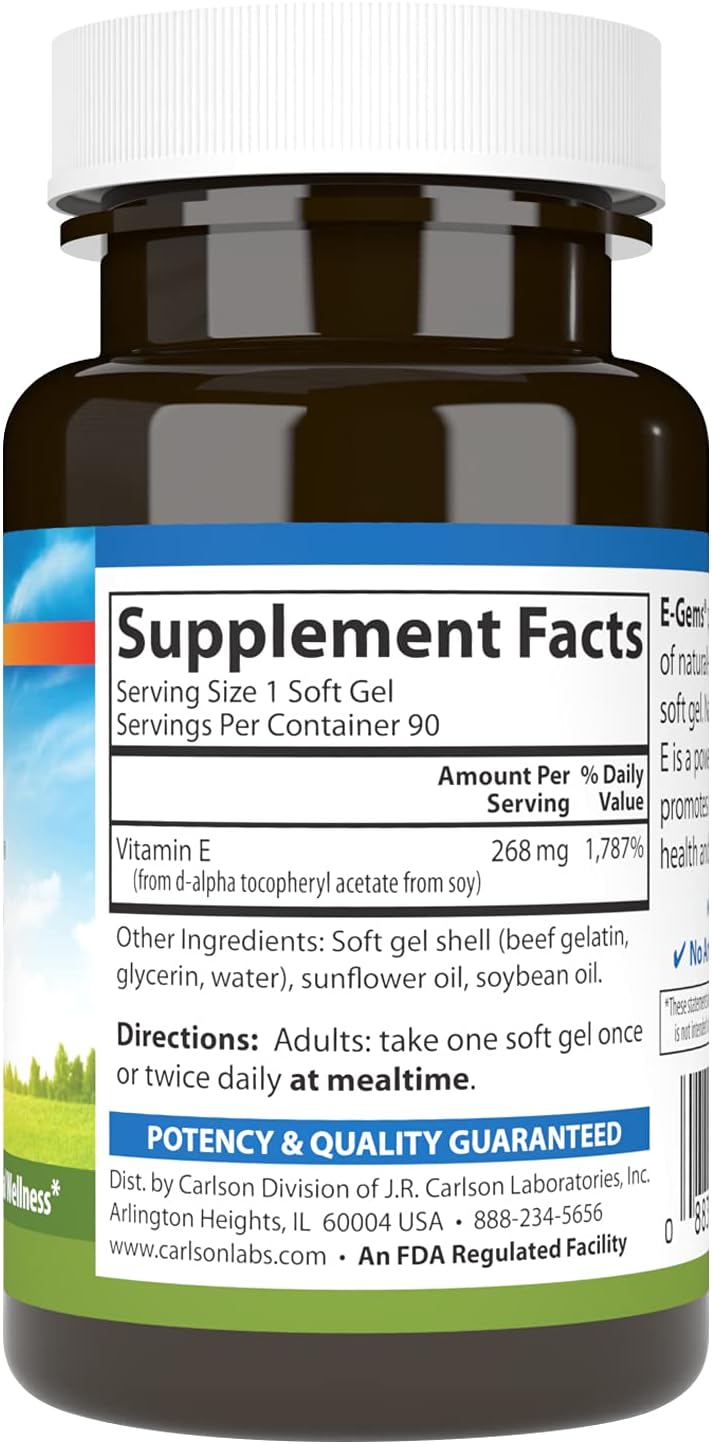 Carlson E-Gems - 400 IU (268 mg) Vitamin E Softgels - Natural d-Alpha-Tocopherol for Heart Health & Antioxidant Support