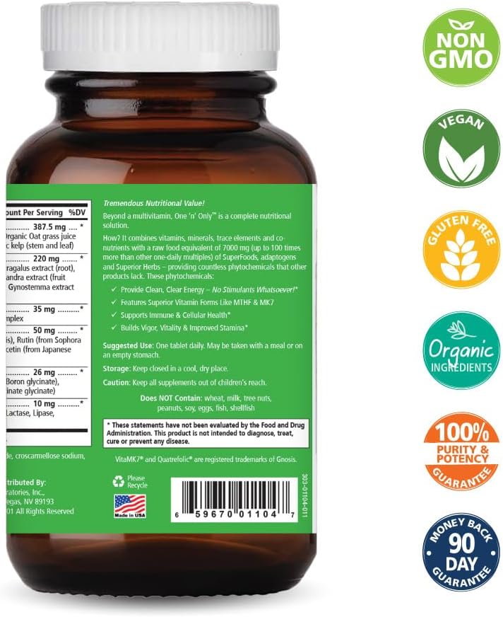 One n Only Whole Food Multivitamin by Pure Essence, Once-Daily with Superfoods, Minerals, Digestive Enzymes, Vitamin D3, B12, Biotin - 90 Tablets