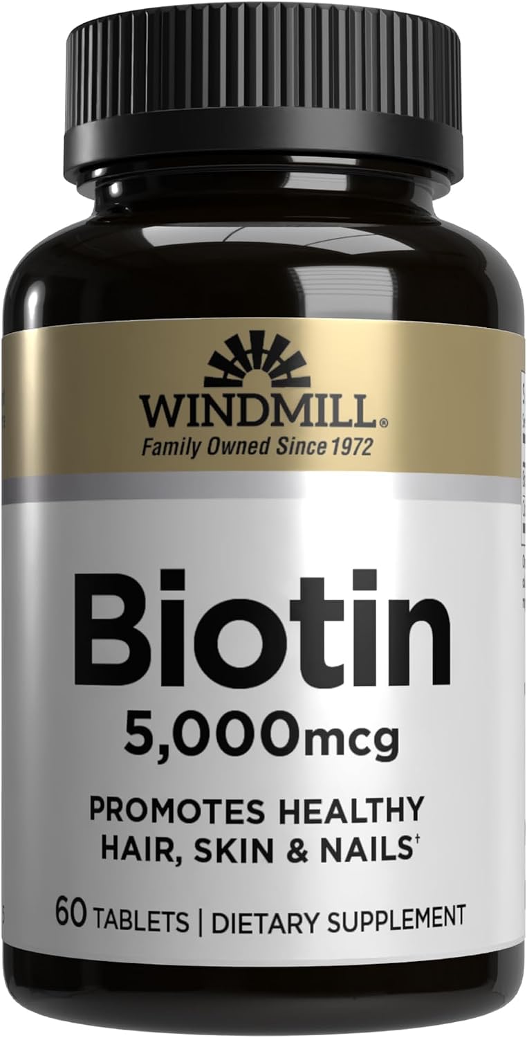 Windmill Natural Vitamins Biotin 5000 mcg, Supports Healthy Hair, Skin and Nails, 60 Count