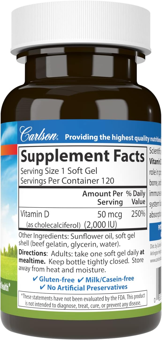 Carlson Vitamin D3 2000 IU (50 mcg) Softgels – Immune and Bone Support, 120 Count