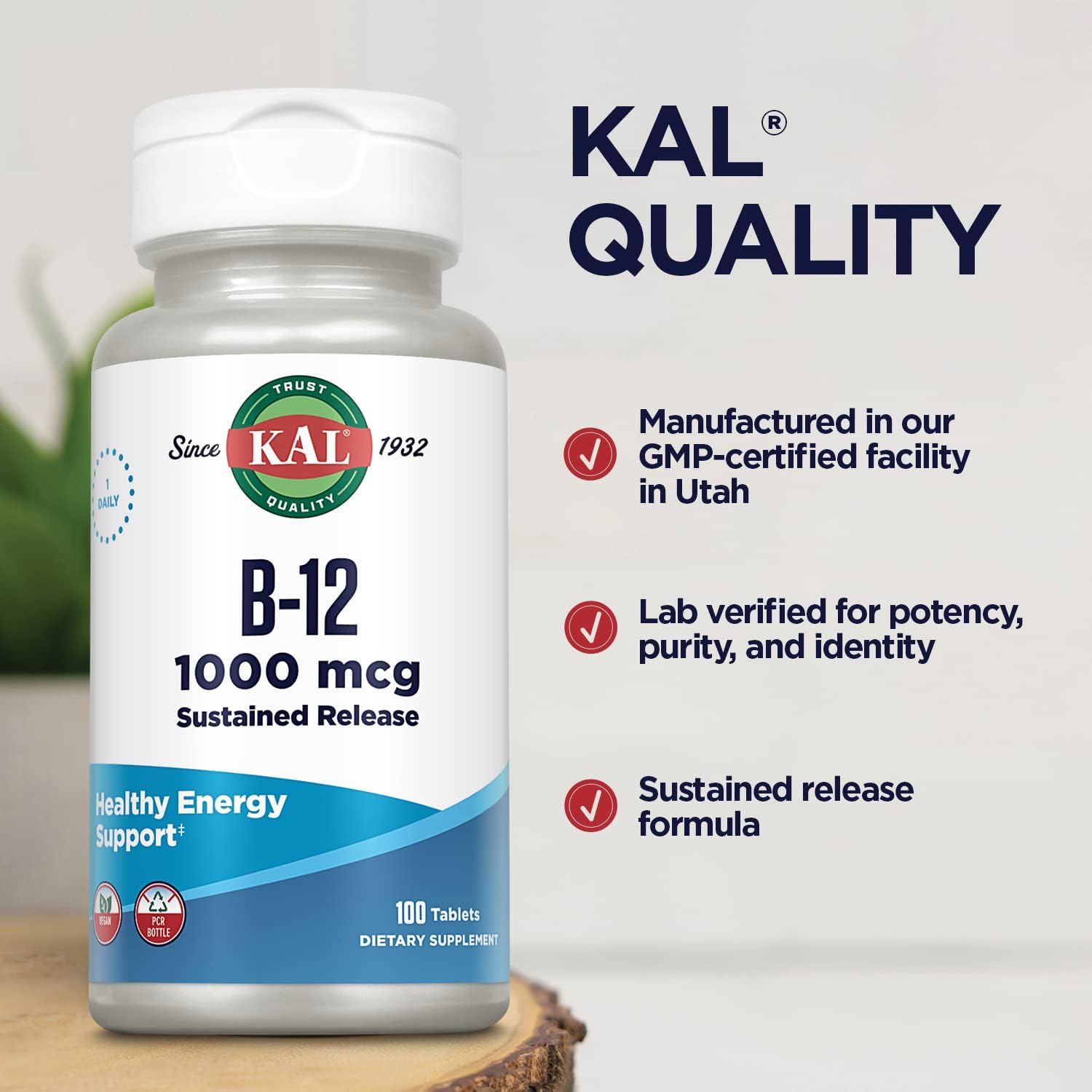 KAL Vitamin B12 1000mcg Sustained Release Tablets - Vegan, Energy Support, 100 Tablets