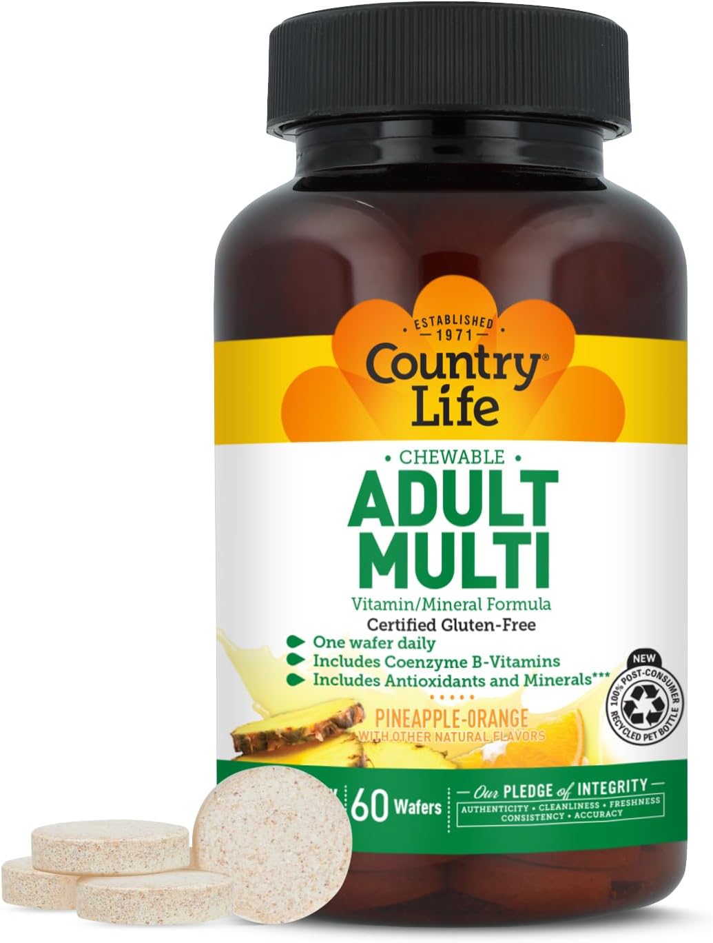 Country Life Adult Chewable Multivitamin with Coenzyme B-Vitamins, Antioxidants, Minerals, Pineapple-Orange Flavour - Gluten-Free - 60 Wafers