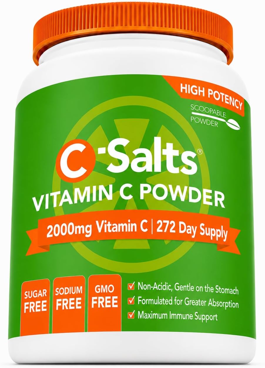 C-Salts Buffered Vitamin C Powder – Stomach-Friendly Ascorbic Acid – 4000 mg per Serving – 272 Servings – Vegan, Non-GMO, Sugar-Free