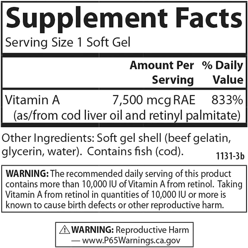 Carlson Vitamin A, 25,000 IU (7,500 mcg RAE), Vision & Skin Health, Immune Support, 100 Soft Gels