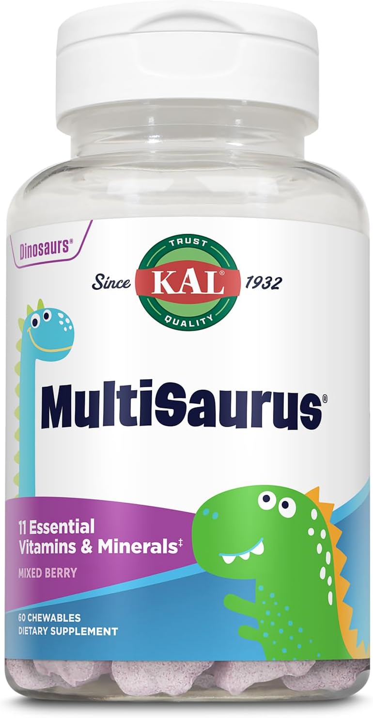 KAL MultiSaurus Kids Chewable Multivitamins – 11 Essential Vitamins & Minerals, Dinosaur-Shaped, Mixed Berry Flavour, 60 Chewables