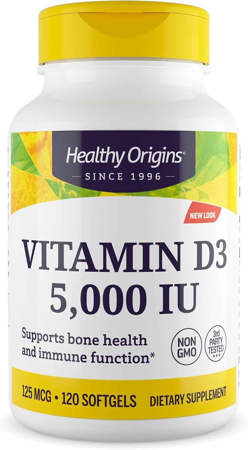 Healthy Origins Vitamin D3 5,000 IU - High Potency Softgels for Immune & Bone Support, Non-GMO, Gluten Free, 120 Count