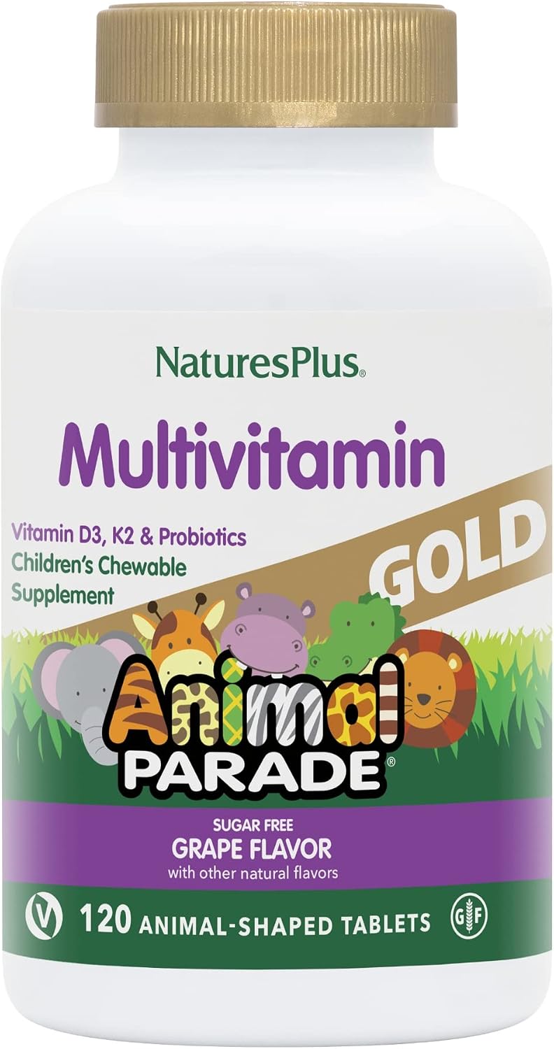 NaturesPlus Animal Parade Gold Children's Multivitamin, Grape Flavour - 120 Chewable Animal Shaped Tablets (60 Servings)