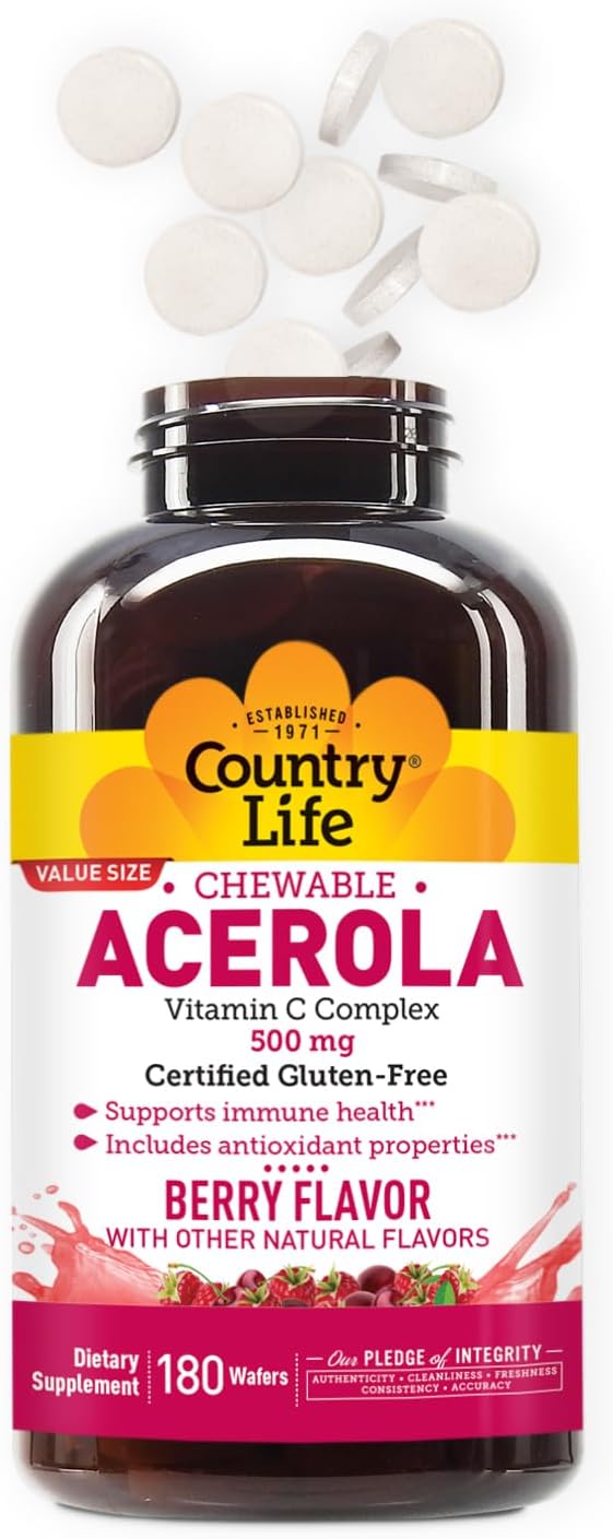 Country Life Acerola Vitamin C Complex - 500mg Chewable Berry Flavoured Wafers - Supports Immune Health - 180 Count