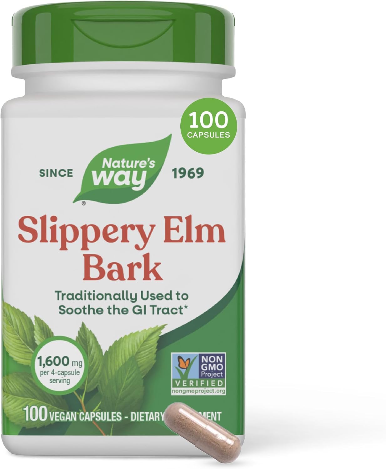 Nature's Way Slippery Elm Bark Capsules – Traditional Digestive Support – 1,600 mg per Serving – Vegan – 100 Capsules