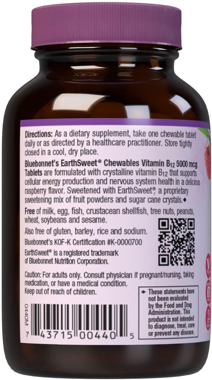 Bluebonnet Nutrition Earth Sweet Vitamin B12 5000 mcg Chewable Tablets – Raspberry Flavour, 30 Count