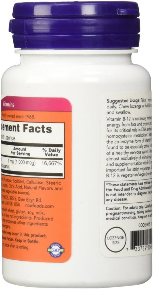NOW Foods Methyl B-12, 1000 mcg, Vegan Lozenges, 200 Count (Pack of 2)