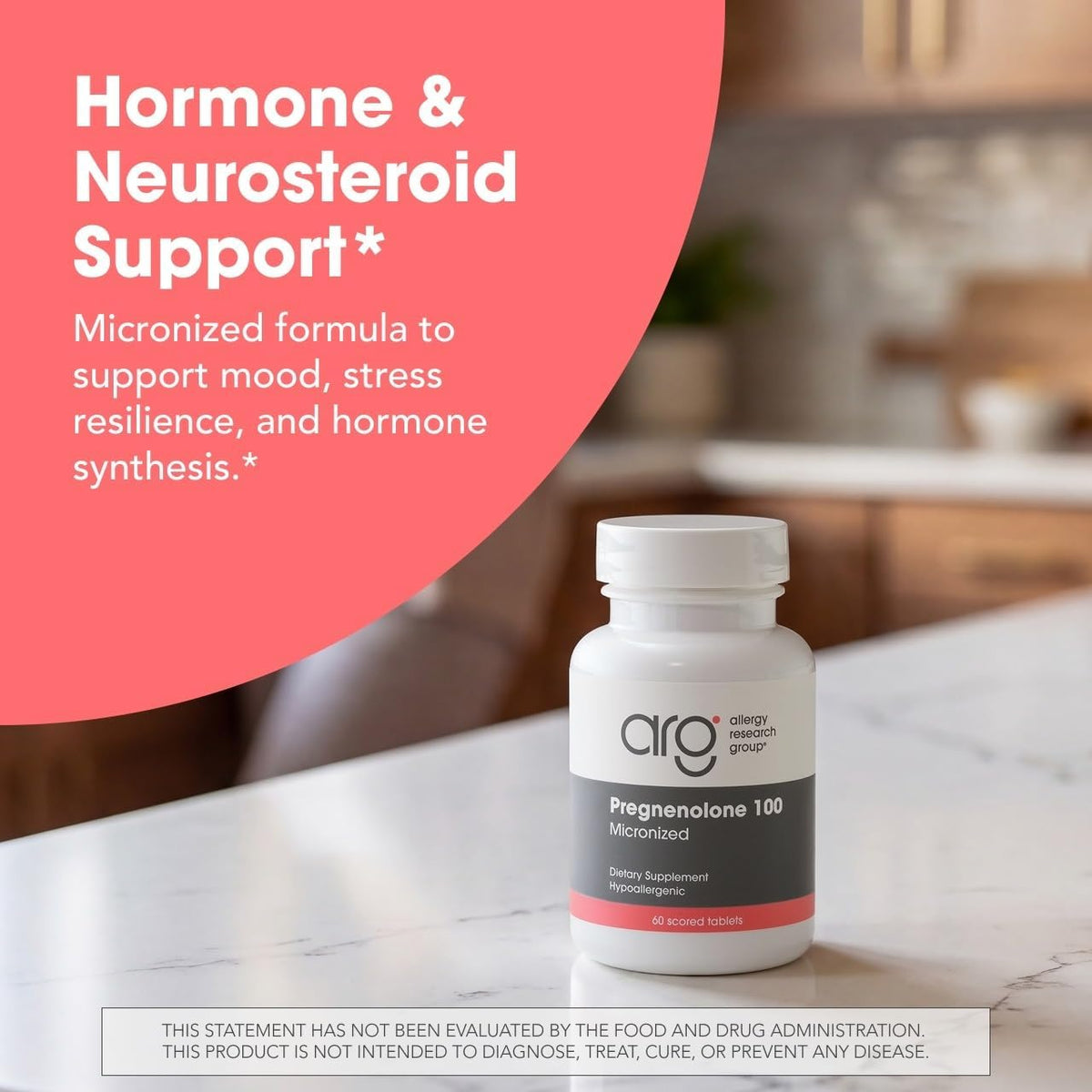 Allergy Research Group ARG Pregnenolone 100 mg - Micronized Hormone Precursor Support - Highly Bioavailable - Hypoallergenic - 60 Servings - 60 Scored Tablets - görsel 2