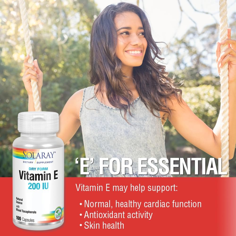 SOLARAY Vitamin E Dry 200 IU with Mixed Tocopherols - Helps Maintain Heart Health & Skin Health - 100 Capsules