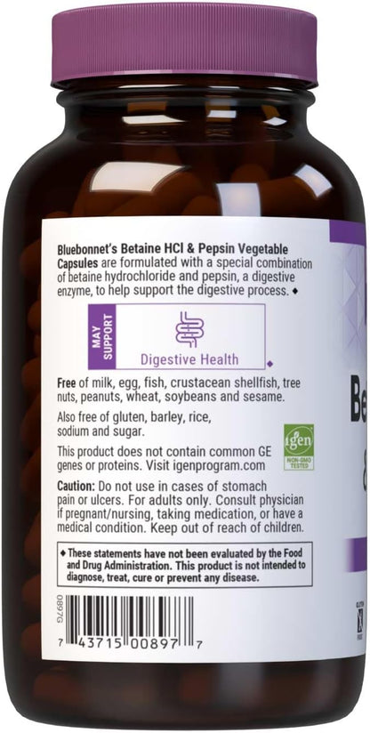 BlueBonnet Betaine HCl Plus Pepsin Vegetarian Capsules – 180 Count
