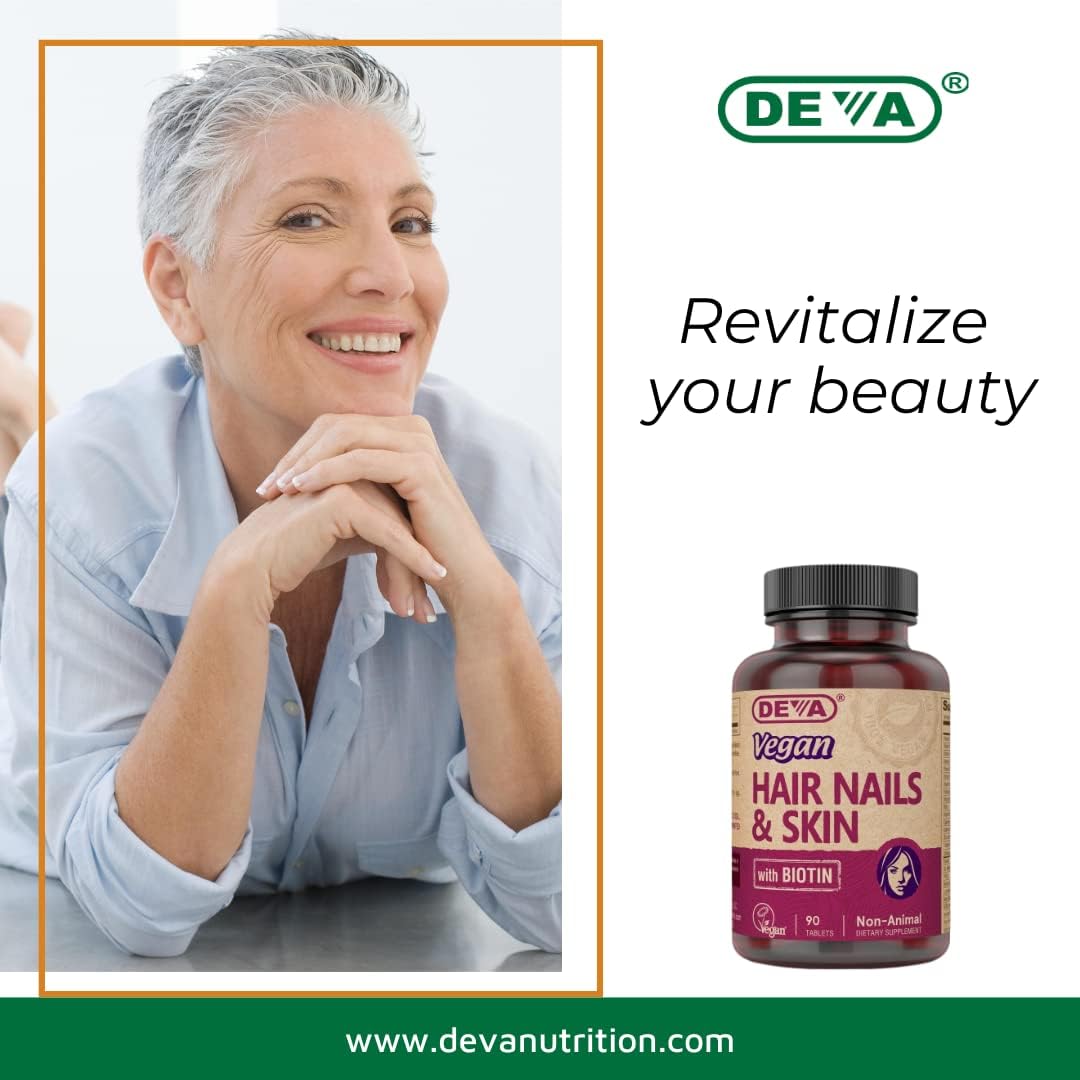 DEVA Vegan Vitamins Hair, Nails & Skin Supplement with 500 mcg Biotin, 90 Tablets (Pack of 2)