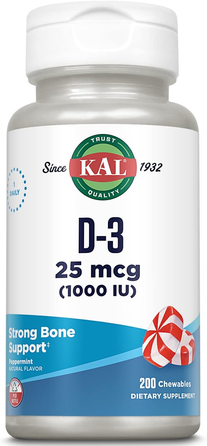 KAL Vitamin D-3 1000 IU Chewable Tablets - Peppermint Flavour - 200 Count