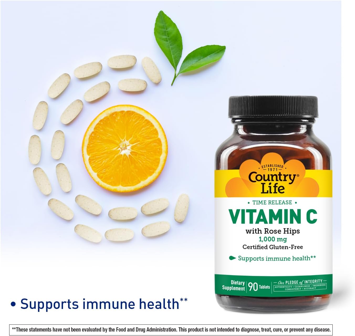 Country Life Vitamin C 1000 mg with Rose Hips – Time Release – 90 Tablets