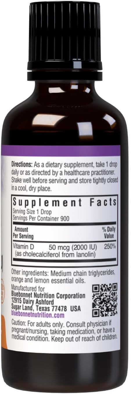 Bluebonnet Vitamin D3 2000 IU Liquid Drops – Citrus Flavour – 30 mL (900 Servings)