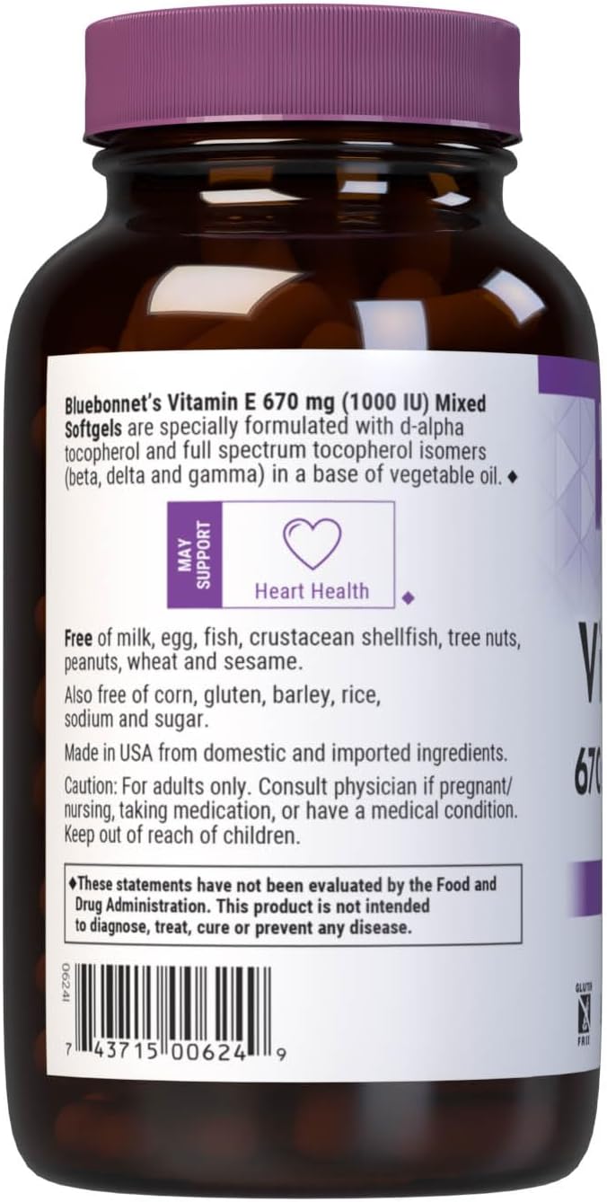 Bluebonnet Vitamin E 1000 IU Mixed Tocopherol Softgels, 100 Count