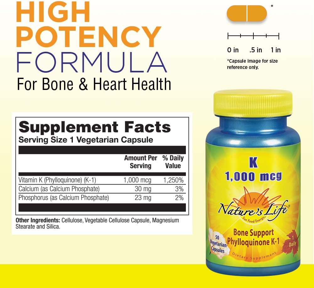 Nature's Life Vitamin K 1000 mcg | Phylloquinone K-1 Supplement for Bone and Heart Health | 50 Vegetarian Capsules