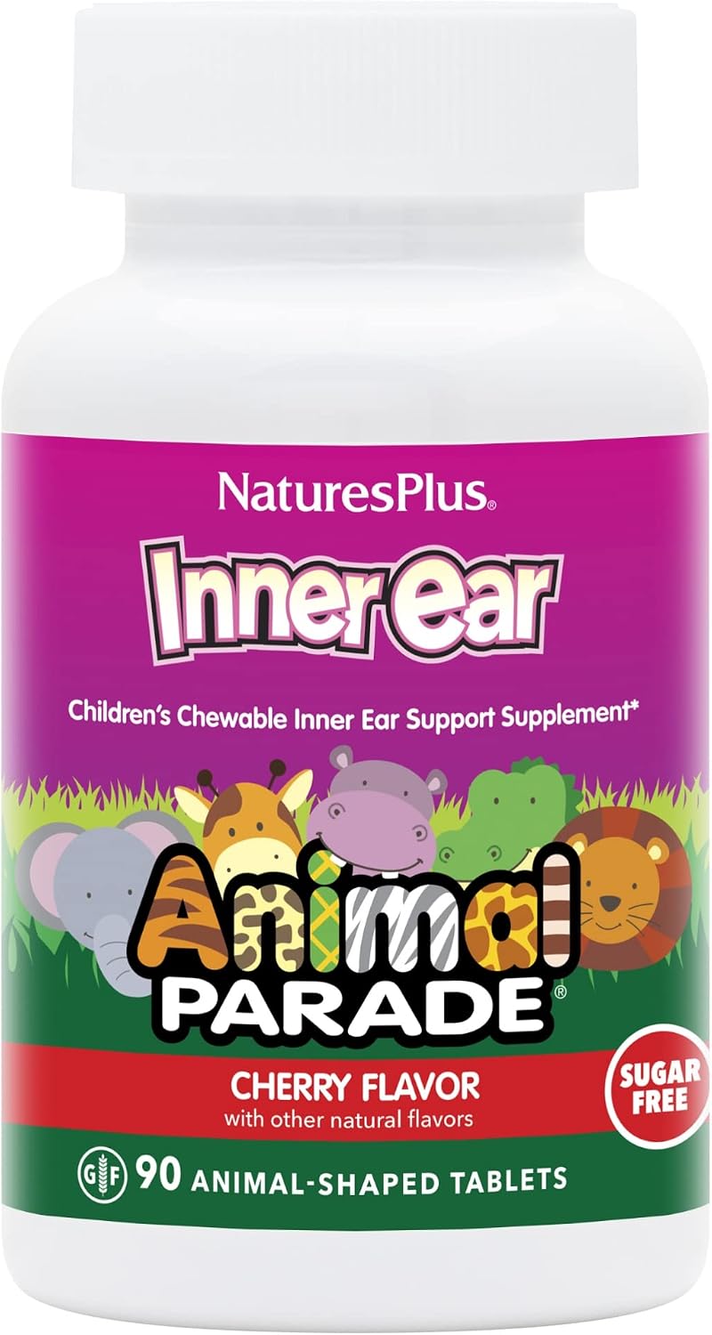 NaturesPlus Animal Parade Inner Ear Support Children’s Chewable - Natural Cherry Flavour - 90 Animal-Shaped Tablets - Probiotic Supplement - Gluten Free - 45 Servings