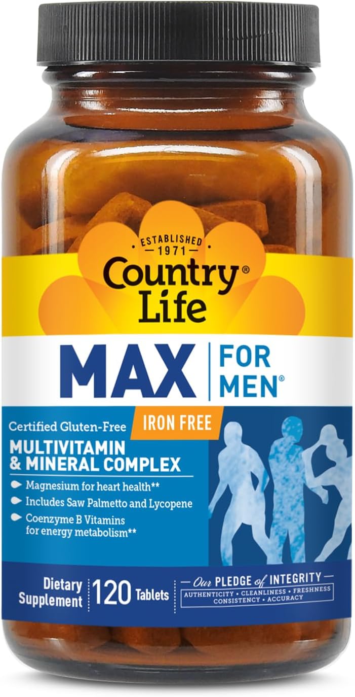 Country Life Max for Men Multivitamin - Iron-Free, Gluten-Free, with Saw Palmetto & Lycopene, 120 Vegetarian Tablets