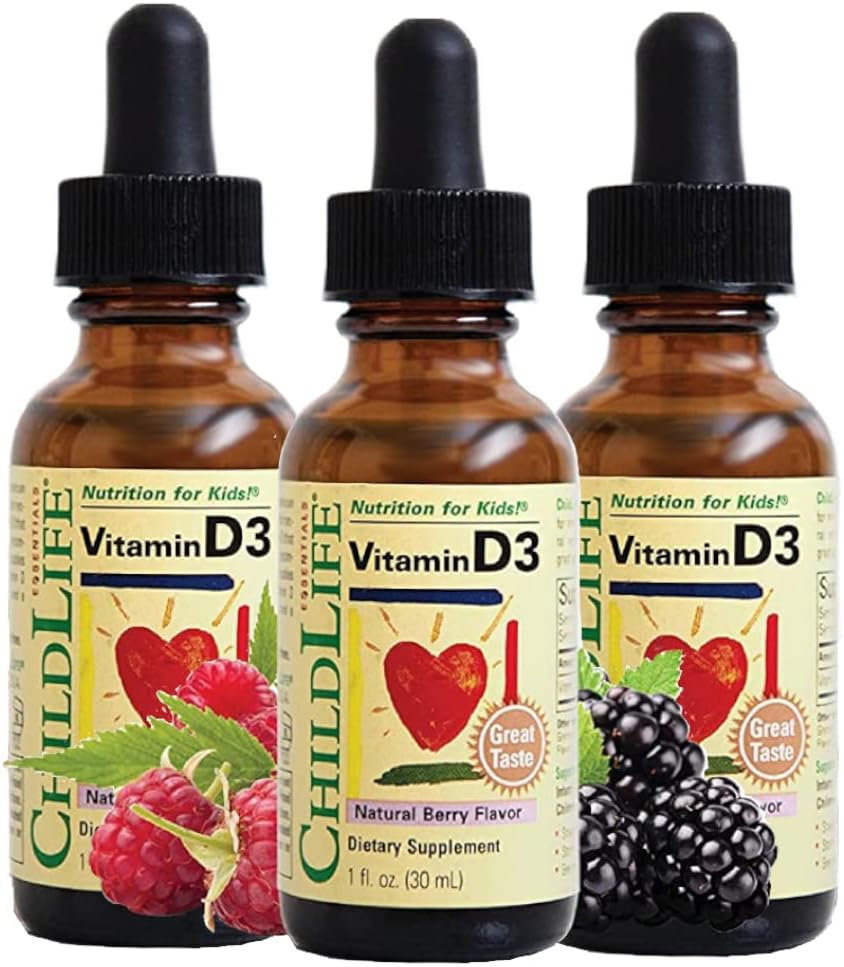 ChildLife Essentials Baby Vitamin D3 Drops - for Infants, Children, & Toddlers, Vitamin D Drops, 500 IU per Serving, Immune & Bone Health Support, Natural Berry Flavour - 1 Fl Oz (Pack of 3)