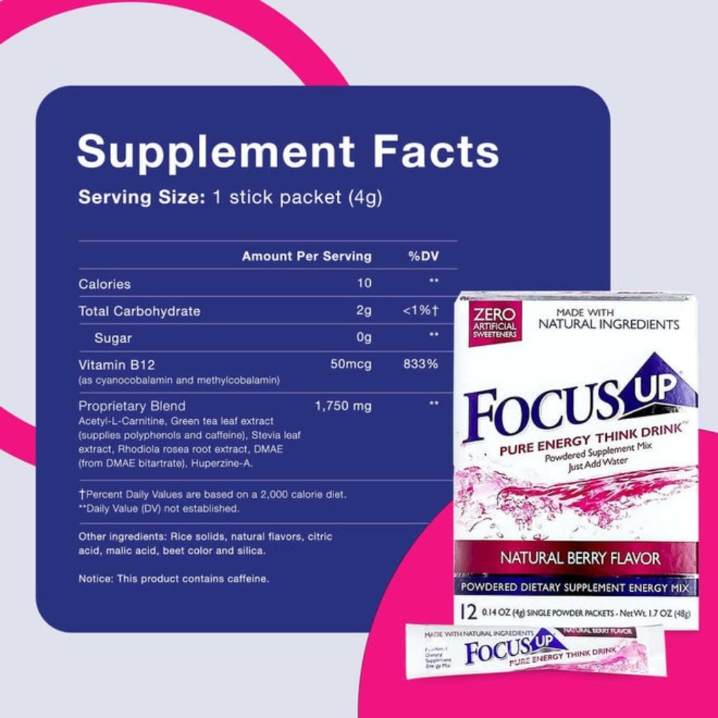 FocusUP Think Drink – Nootropic Drink Mix for Focus and Energy, Acetyl L-Carnitine, Rhodiola, DMAE, Huperzine-A, 12 Stick Packs