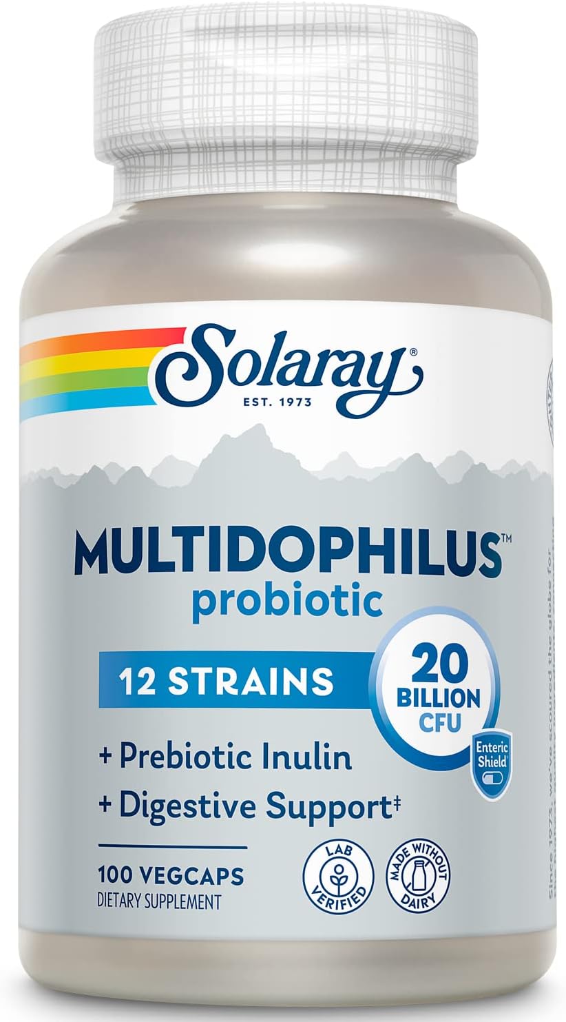 SOLARAY Multidophilus 12 Strain Probiotic 20 Billion CFU - Digestive Health & Immune Support with Prebiotic Inulin, Dairy-Free, 50 Enteric VegCaps