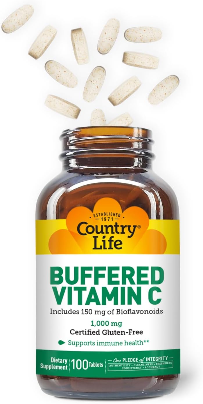 Country Life Buffered Vitamin C 1000 mg with Bioflavonoids, Calcium, Magnesium, Potassium – Vegan, Gluten-Free – 100 Tablets